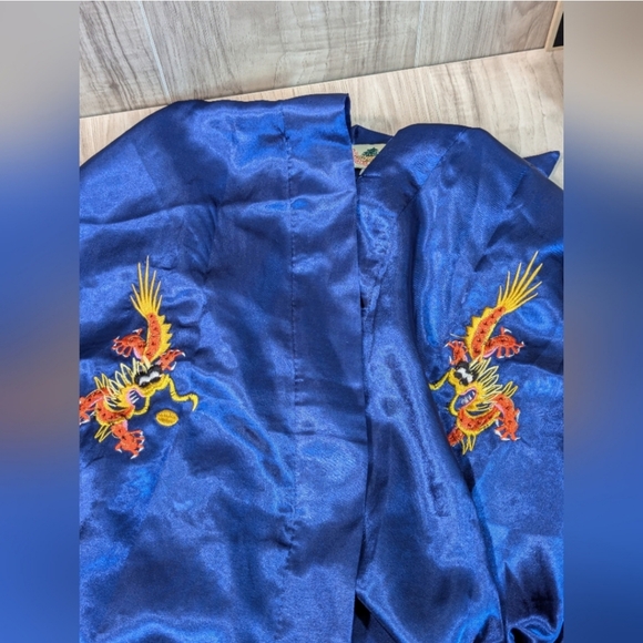 Golden Dragon Bathrobe Kimono Size Large Blue Silky Vintage - Picture 10 of 12